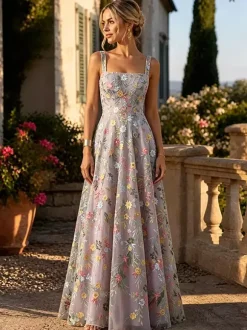 FFloral Embroidery Tulle Maxi Dress Square Spaghetti Strap A Line Wedding Guest Formal Gown