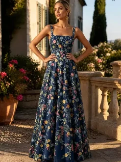 FFloral Embroidery Tulle Maxi Dress Square Spaghetti Strap A Line Wedding Guest Formal Gown