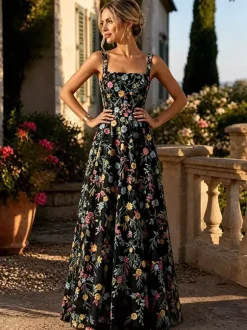 FFloral Embroidery Tulle Maxi Dress Square Spaghetti Strap A Line Wedding Guest Formal Gown