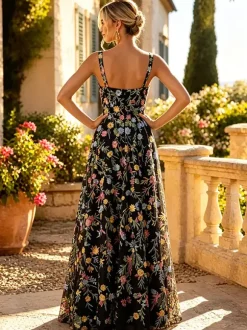 FFloral Embroidery Tulle Maxi Dress Square Spaghetti Strap A Line Wedding Guest Formal Gown