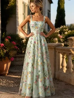 FFloral Embroidery Tulle Maxi Dress Square Spaghetti Strap A Line Wedding Guest Formal Gown