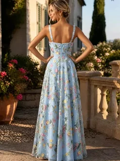 FFloral Embroidery Tulle Maxi Dress Square Spaghetti Strap A Line Wedding Guest Formal Gown