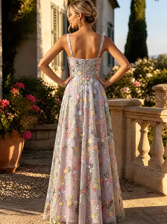 FFloral Embroidery Tulle Maxi Dress Square Spaghetti Strap A Line Wedding Guest Formal Gown