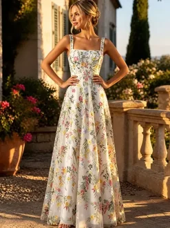 FFloral Embroidery Tulle Maxi Dress Square Spaghetti Strap A Line Wedding Guest Formal Gown
