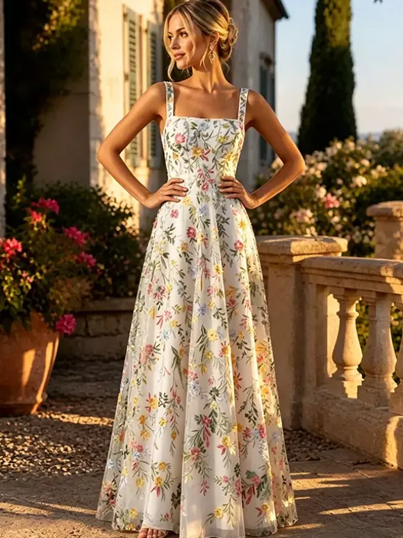 FFloral Embroidery Tulle Maxi Dress Square Spaghetti Strap A Line Wedding Guest Formal Gown