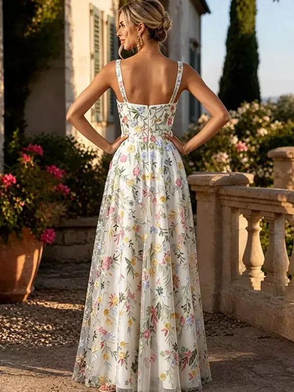 FFloral Embroidery Tulle Maxi Dress Square Spaghetti Strap A Line Wedding Guest Formal Gown