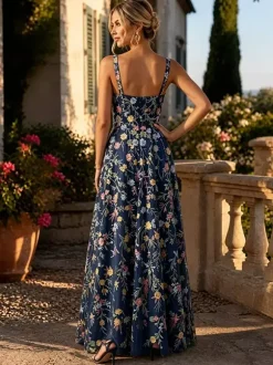 FFloral Embroidery Tulle Maxi Dress Square Spaghetti Strap A Line Wedding Guest Formal Gown