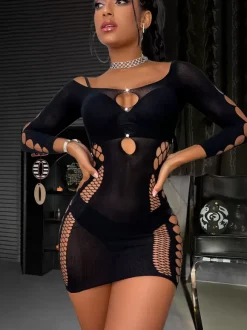 Fishnet Chemise For Women Black Nylon Rhinestones Clubwear Lingerie