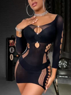 Fishnet Chemise For Women Black Nylon Rhinestones Clubwear Lingerie