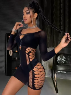 Fishnet Chemise For Women Black Nylon Rhinestones Clubwear Lingerie