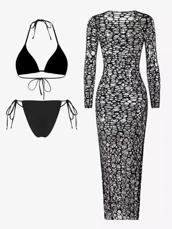 Fishnet Mesh Long Sleeve Cover Up Midi Dress With Matching Halter Bikini Set