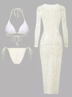 Fishnet Mesh Long Sleeve Cover Up Midi Dress With Matching Halter Bikini Set