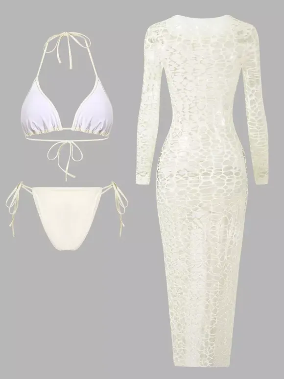 Fishnet Mesh Long Sleeve Cover Up Midi Dress With Matching Halter Bikini Set