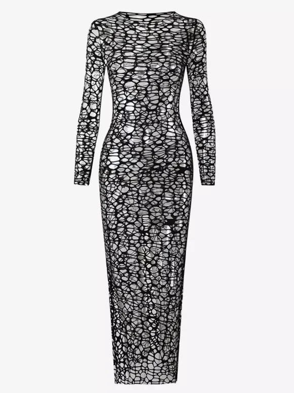 Fishnet Mesh Long Sleeve Cover Up Midi Dress With Matching Halter Bikini Set
