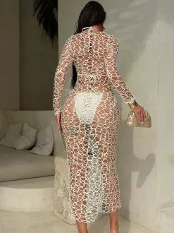 Fishnet Mesh Long Sleeve Cover Up Midi Dress With Matching Halter Bikini Set