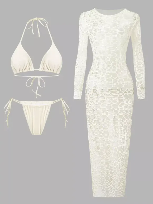 Fishnet Mesh Long Sleeve Cover Up Midi Dress With Matching Halter Bikini Set