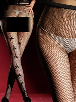 Fishnet Lingerie Hosiery Pantyhose Black Bows Sheer Mesh Tights