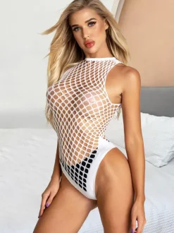 Fishnet Teddy For Women White Cut Out Nylon Sexy Lingerie
