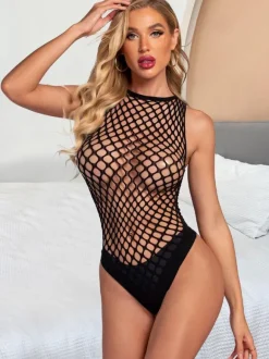 Fishnet Teddy For Women White Cut Out Nylon Sexy Lingerie