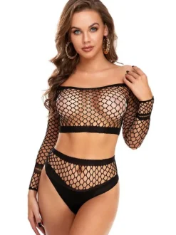 Fishnet Top and Panty Set Grass Green Nylon Cut Out Sexy Lingerie