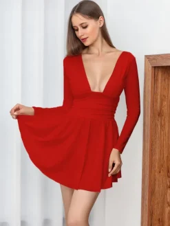 Fit And Flare Dress Plunge Long Sleeves Short Swing Dresses In Solid Color