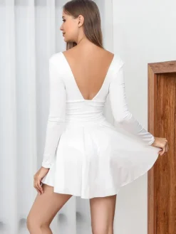 Fit And Flare Dress Plunge Long Sleeves Short Swing Dresses In Solid Color