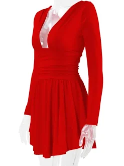 Fit And Flare Dress Plunge Long Sleeves Short Swing Dresses In Solid Color