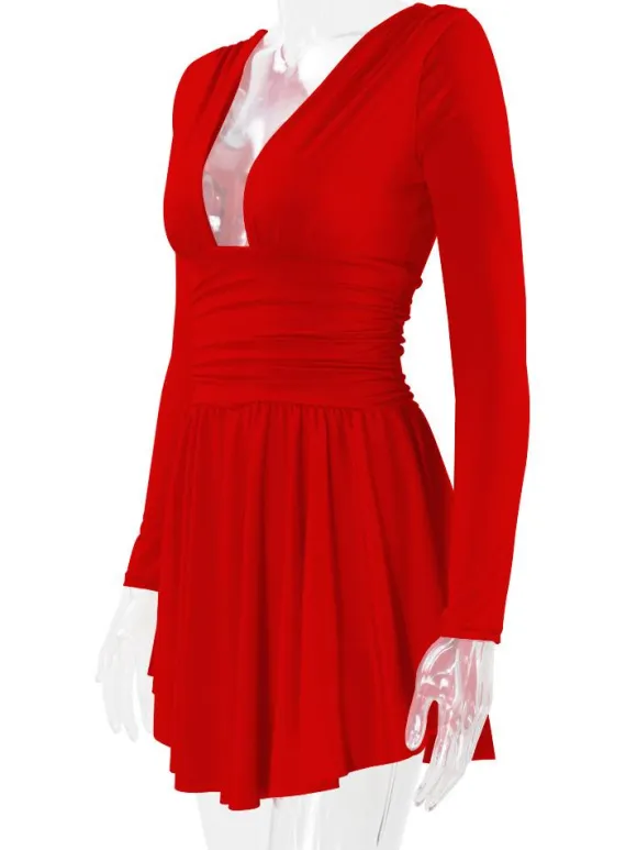 Fit And Flare Dress Plunge Long Sleeves Short Swing Dresses In Solid Color