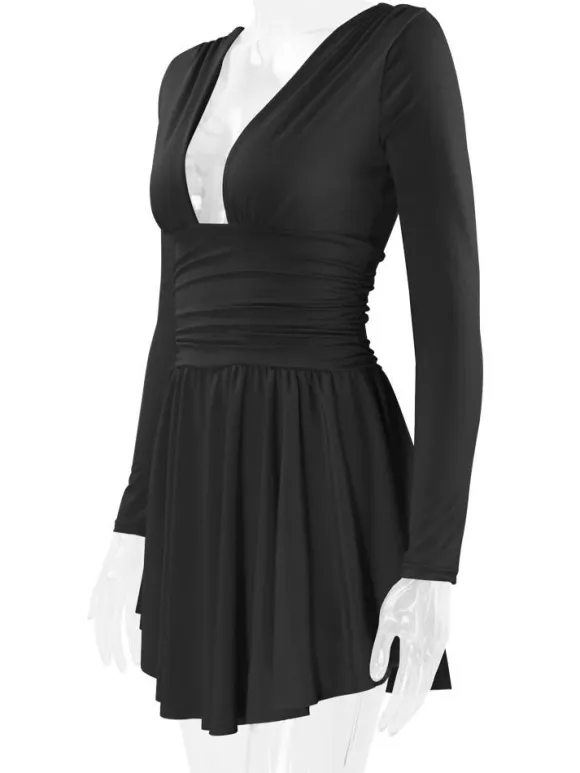 Fit And Flare Dress Plunge Long Sleeves Short Swing Dresses In Solid Color