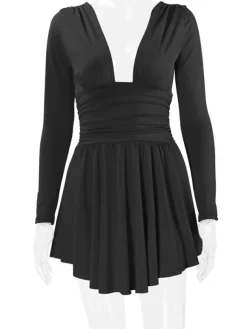 Fit And Flare Dress Plunge Long Sleeves Short Swing Dresses In Solid Color