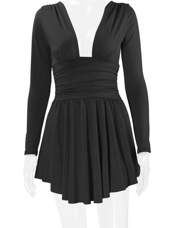 Fit And Flare Dress Plunge Long Sleeves Short Swing Dresses In Solid Color