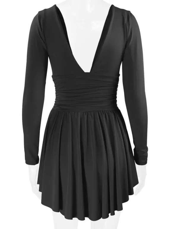 Fit And Flare Dress Plunge Long Sleeves Short Swing Dresses In Solid Color