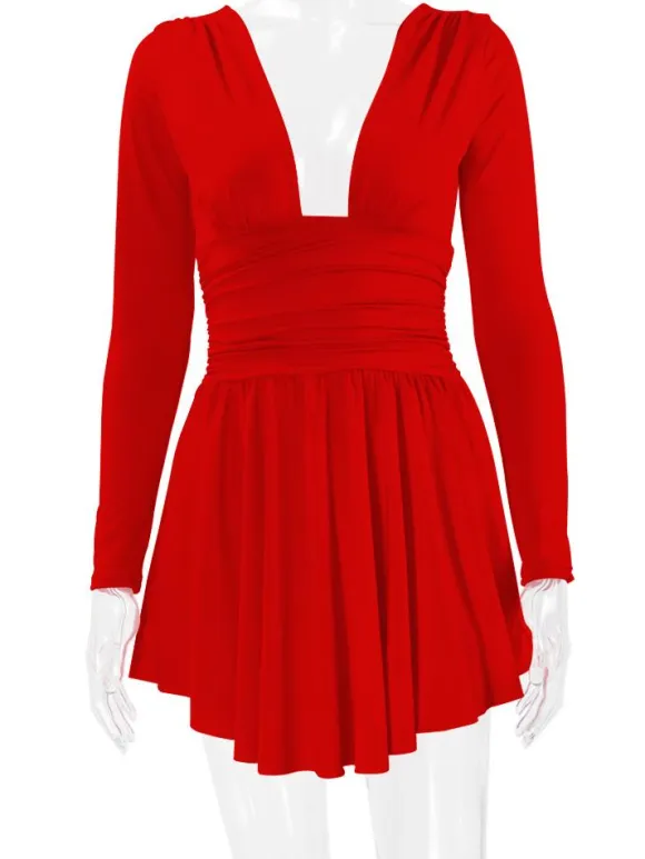 Fit And Flare Dress Plunge Long Sleeves Short Swing Dresses In Solid Color