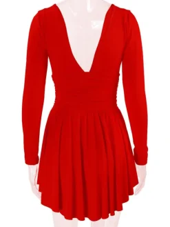 Fit And Flare Dress Plunge Long Sleeves Short Swing Dresses In Solid Color