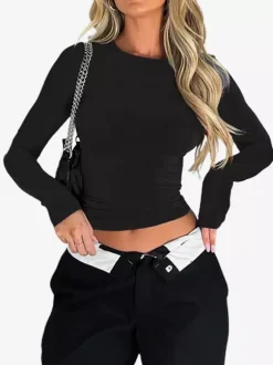 Fitted Long Sleeve Crew Neck Crop Top For Women - Y2K Slim Fit Stretchy Soft Basic Tee - Spring Streetwear 2026