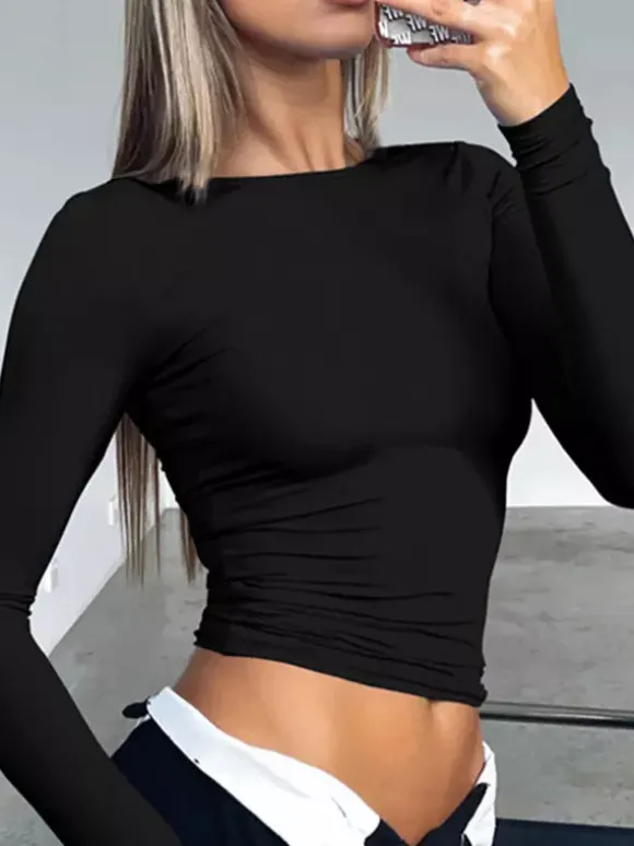 Fitted Long Sleeve Crew Neck Crop Top For Women - Y2K Slim Fit Stretchy Soft Basic Tee - Spring Streetwear 2026