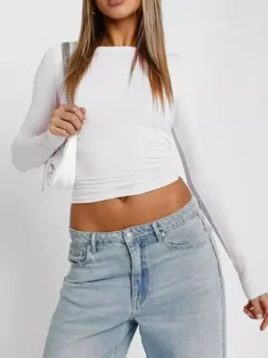 Fitted Long Sleeve Crew Neck Crop Top For Women - Y2K Slim Fit Stretchy Soft Basic Tee - Spring Streetwear 2026