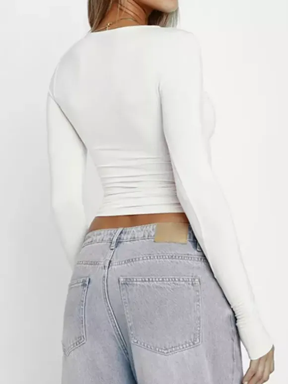 Fitted Long Sleeve Crew Neck Crop Top For Women - Y2K Slim Fit Stretchy Soft Basic Tee - Spring Streetwear 2026