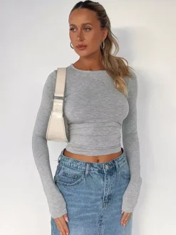 Fitted Long Sleeve Crew Neck Crop Top For Women - Y2K Slim Fit Stretchy Soft Basic Tee - Spring Streetwear 2026