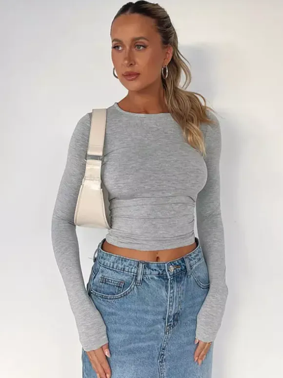 Fitted Long Sleeve Crew Neck Crop Top For Women - Y2K Slim Fit Stretchy Soft Basic Tee - Spring Streetwear 2026