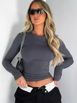 Fitted Long Sleeve Crew Neck Crop Top For Women - Y2K Slim Fit Stretchy Soft Basic Tee - Spring Streetwear 2026