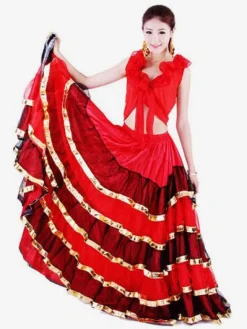 Flamenco Girls Red Black Layered Mesh Dance Adults Spanish Ballroom Dress Off Shoulder Paso Doble Costumes Carnival