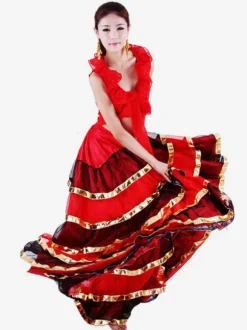 Flamenco Girls Red Black Layered Mesh Dance Adults Spanish Ballroom Dress Off Shoulder Paso Doble Costumes Carnival