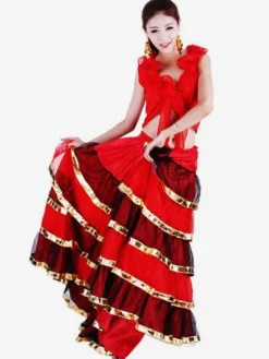 Flamenco Girls Red Black Layered Mesh Dance Adults Spanish Ballroom Dress Off Shoulder Paso Doble Costumes Carnival