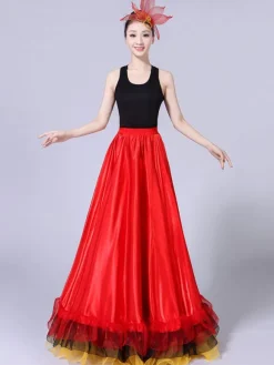 Flamenco Girls Yellow Mesh Billowing Dancing Skirt Adults Spanish Dancer Ballroom Dress Paso Doble Costumes Carnival