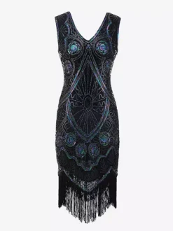Flapper Dress Great Gatsby 1920s Black with Tassels Women's Charleston Dresses Vintage 20s Party Dress Costume