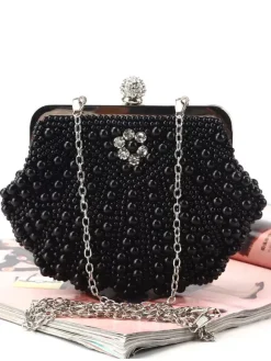 Flapper Dress Handbag 1920s Great Gatsby Accessory Ecru Peals Studded Chains Satin Inner Shoulder Cross Chain Women's Clutch Bags Flapper Handbag