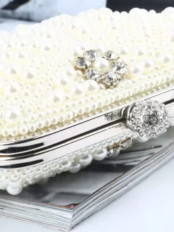 Flapper Dress Handbag 1920s Great Gatsby Accessory Ecru Peals Studded Chains Satin Inner Shoulder Cross Chain Women's Clutch Bags Flapper Handbag