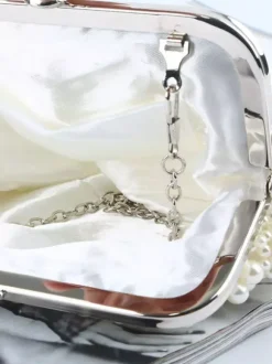 Flapper Dress Handbag 1920s Great Gatsby Accessory Ecru Peals Studded Chains Satin Inner Shoulder Cross Chain Women's Clutch Bags Flapper Handbag