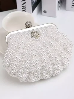 Flapper Dress Handbag 1920s Great Gatsby Accessory Ecru Peals Studded Chains Satin Inner Shoulder Cross Chain Women's Clutch Bags Flapper Handbag